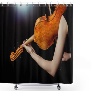 Personality  Cropped View Of Professional Female Musician Playing On Violin On Dark Stage Shower Curtains