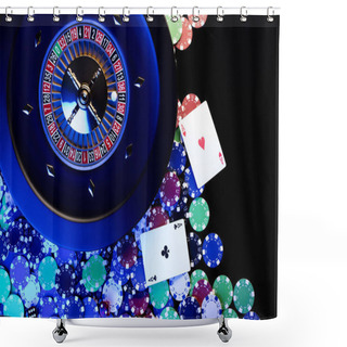 Personality  Casino Concept. High Contrast Image Of Casino Roulette, Poker Chips, Dice. Blue Light And Place For Text. Shower Curtains