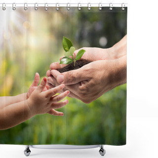 Personality  Hands Of A Child Taking A Plant From The Hands Of A Man - Grass Background Shower Curtains