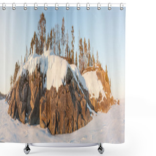 Personality  Winter, Stony Snow-covered Island Of Ladoga Lake. A Winter Lands Shower Curtains