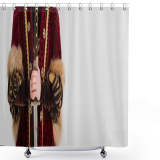 Personality  Panoramic Shot Of King Holding Sword Isolated On Grey Shower Curtains