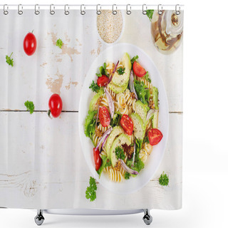 Personality  Fusilli Pasta Salad With Avocado, Tomatoes, Fresh Green Lettuce, Red Onion And Mustard Dressing On White Background. Vegetarian Healthy Lunch. Top View, Flat Lay Shower Curtains