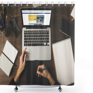 Personality  Cropped Shot Of Designer Using Graphics Tablet And Laptop With Booking Website On Screen  Shower Curtains