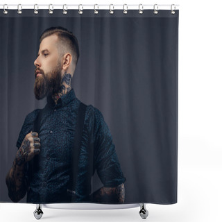 Personality  Portrait Of A Serious Handsome Old-fashioned Hipster In Shirt And Suspenders. Isolated On A Dark Background. Shower Curtains