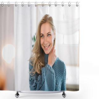 Personality  Cheerful Happy Fashion Model Smiling. Sensual Woman Posing For Pictures At Cozy Home. Authentic Portrait Of Positive Female With Perfect Skin And Beautiful Body.  Skincare Concept.  Shower Curtains