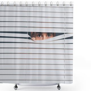 Personality  Suspicious Young Man Peeking And Looking At Camera Through Blinds, Mistrust Concept Shower Curtains
