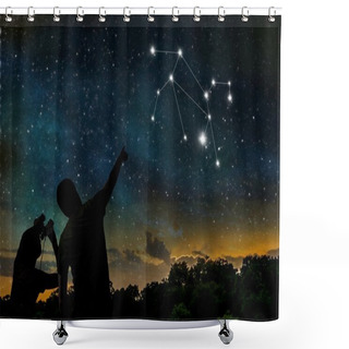 Personality  Leo Or Lion Constellation Of Zodiac On Night Sky. Astrology Conc Shower Curtains