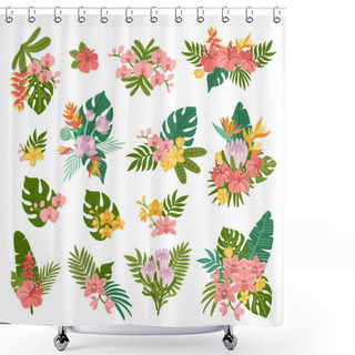 Personality  Tropical Set Of 15 Flowers Bouquets. Composed Of Palm Leaves And Exotic Flowers: Orchid, Hibiscus, Strelizia, Plumeria, Lotus, Protea. Vector Illustration. Shower Curtains