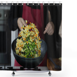 Personality  Chef Cook Roasts Vegetables In Wok Pan On Gas Stove. Flying Vegetable Food Levitation In Motion, Skillfully Tossed By The Chef Hand. Airborne Creative Culinary Expertise. Shower Curtains