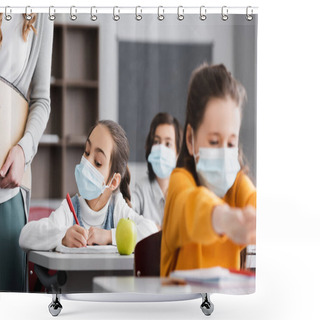 Personality  Schoolgirl In Medical Mask Near Teacher, Apple And Classmates On Blurred Foreground Shower Curtains