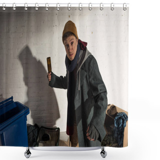 Personality  Angry Drunk Homeless Man Holding Empty Bottle While Standing In Threatening Pose Shower Curtains
