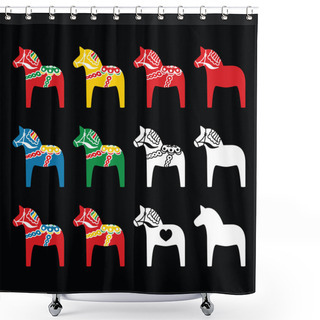 Personality  Swedish Dala, Dalecarlian Horse Vector Icons On Black Shower Curtains