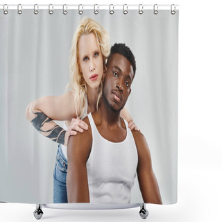 Personality  A Young Man And Woman Of Different Races Strike A Pose Together In A Studio Against A Grey Backdrop. Shower Curtains