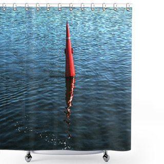 Personality  Floating Red Navigational Buoy On Blue Water Of Dnipro River. Buoy In The River. Navigation Equipment. Tranquil Water Surface. Shower Curtains