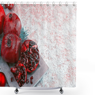 Personality  Fresh Ripe Pomegranates On Wooden Background And Christmas Decoration. Shower Curtains