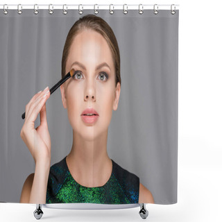 Personality  Portrait Of Elegant Woman With Makeup Brush For Eyeshadows Isolated On Grey Shower Curtains