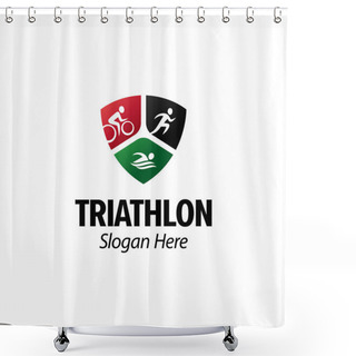 Personality  Triathlon Logo Iconic. Running Cycling Swimming. Branding For Triathlon Sports, Clubs, Championship, Contest, Accessories, Equipment, Etc. Shield Emblem. Isolated Logo Inspiration. Graphic Designs Shower Curtains