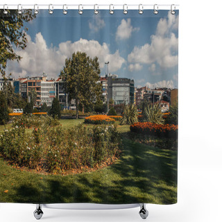 Personality  Flowerbeds On Meadow On Urban Street In Istanbul, Turkey  Shower Curtains