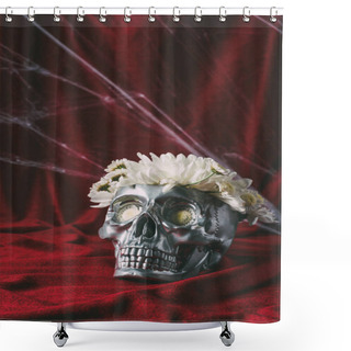 Personality  Halloween Silver Skull With Flowers On Red Cloth With Spider Web  Shower Curtains