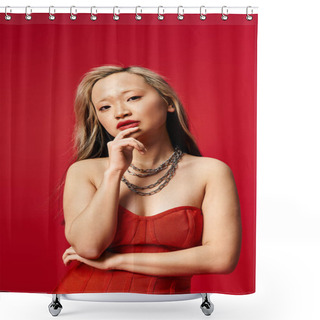 Personality  Stylish Asian Woman Striking A Pose In A Vibrant Red Dress. Shower Curtains