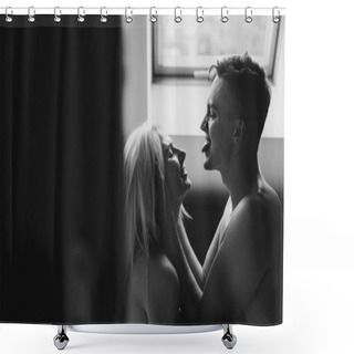 Personality  Young Man And Woman Are Laughing In Bed. Black And White Photo Of A Man And A Woman In Sheets At Home. Shower Curtains
