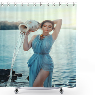 Personality  Art Photo. Portrait Mythical Girl Greek Goddess. Astrological Sign Aquarius. Fantasy Woman Pours Water From Ceramic Clay Jug. Blue Chiffon Old Vintage Long Silk Dress. Fabulous Lake, Magical Sunset Shower Curtains
