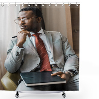 Personality  Thoughtful African American Businessman In Gray Suit Sitting In Armchair With Journal In Hotel Room Shower Curtains