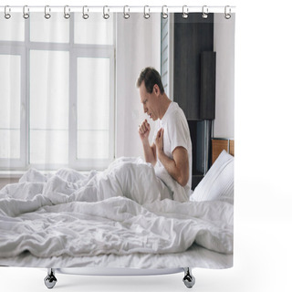 Personality  Side View Of Sick Man Coughing While Sitting On Bed At Home  Shower Curtains