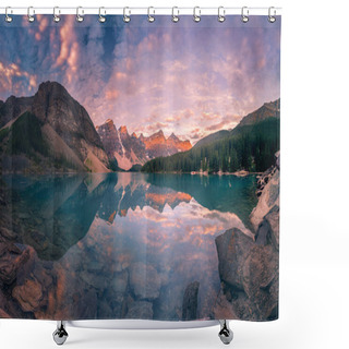 Personality  This Is A Super Wide Angle Panorama Of Moraine Lake At Banff National Park, Canada. Shower Curtains