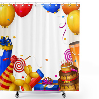 Personality  Birthday Party Background With Balloons, Cake, Gift Boxes, Lollipop, Confetti And Ribbons. Place For Your Text. Vector. Shower Curtains