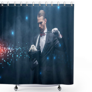 Personality  Serious Magician In Suit Showing Trick With Wand And White Rabbit In Hat, Dark Room With Smoke And Glowing Illustration Shower Curtains