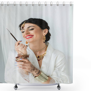 Personality  Pleased Indian Bride With Mehndi Holding Cosmetic Brush On White  Shower Curtains