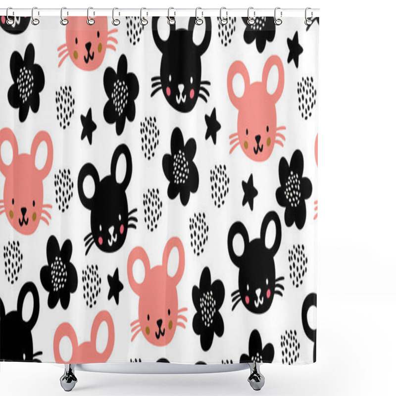 Personality  Seamless Pattern With Cute Mouses, Flowers Scandi Shower Curtains