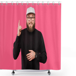 Personality  Happy Bearded Man In Eyeglasses And Cap Hat Doing Idea Gesture Isolated On Pink Shower Curtains