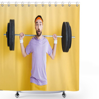 Personality  Shocked Sportsman Working Out With Barbell On Yellow Shower Curtains