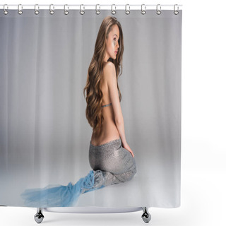 Personality  Attractive Woman With Mermaid Tail And Long Hair Sitting Isolated On Grey Shower Curtains