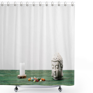 Personality  Buddha Statuette, Candle And Colorful Semiprecious Stones On Wooden Surface Isolated On White Shower Curtains