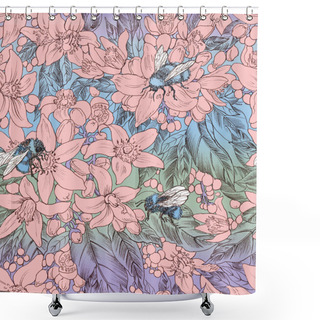 Personality  Seamless Floral Pattern With Flowers Of Orange And Bumblebees Shower Curtains
