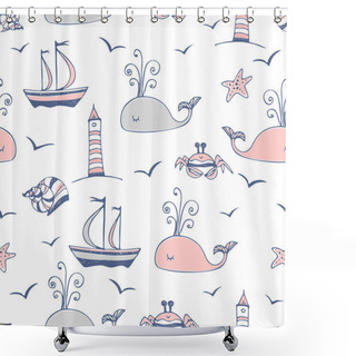 Personality  Seamless Pattern On A Marine Theme With Ships And Whales. Vector. Shower Curtains