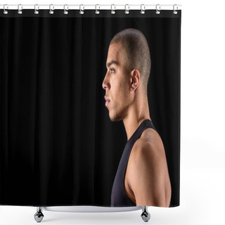 Personality  Side View Of Serious African American Man Standing Isolated On Black Shower Curtains