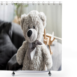 Personality  Close-up View Of Beautiful Grey Teddy Bear On Sofa Shower Curtains