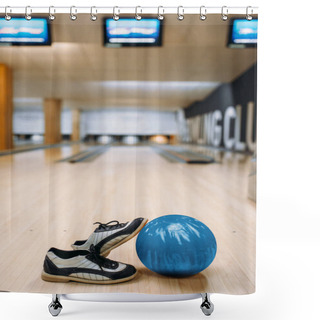 Personality  Bowling Ball And House Shoes On Wooden Floor In Club, Pins On Background, Nobody. Bowl Game Concept, Tenpin Shower Curtains