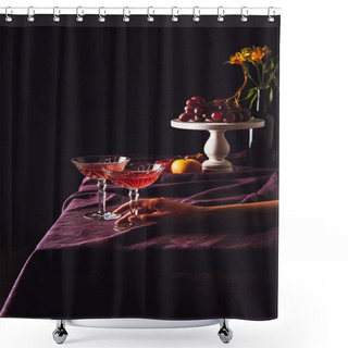 Personality  Vintage Glasses Of Wine Stand With Grapes And Apples On Table With Drapery On Black Shower Curtains