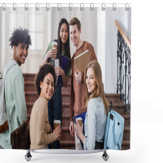 Personality  Cheerful Interracial Students With Coffee To Go And Backpacks Looking At Camera  Shower Curtains