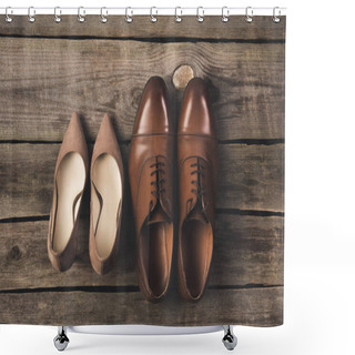 Personality  Top View Of Bridal And Grooms Pairs Of Shoes On Wooden Surface Shower Curtains