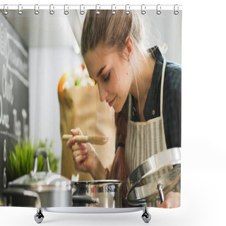 Personality  Young Woman Standing By The Stove In The Kitchen . Shower Curtains