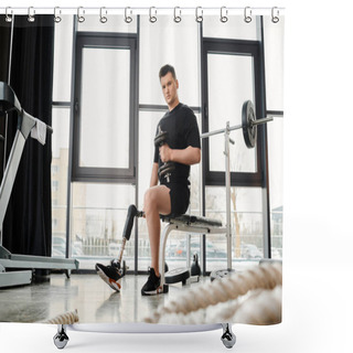 Personality  A Man With A Prosthetic Leg Is Seen Sitting On A Bench In A Gym, Working Out With Dumbbell Shower Curtains