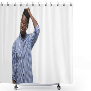 Personality  Young African American Man Wearing Blue Shirt Confuse And Wonder About Question. Uncertain With Doubt, Thinking With Hand On Head. Pensive Concept. Shower Curtains