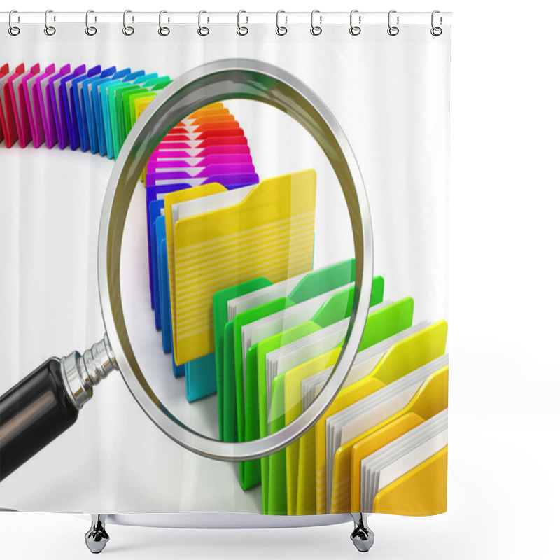 Personality  Files Search. Folders And Loupe On White Background. Shower Curtains