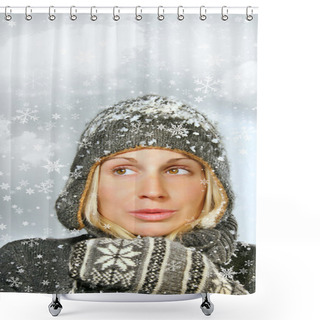 Personality  Young Woman With Snowy Background Shower Curtains